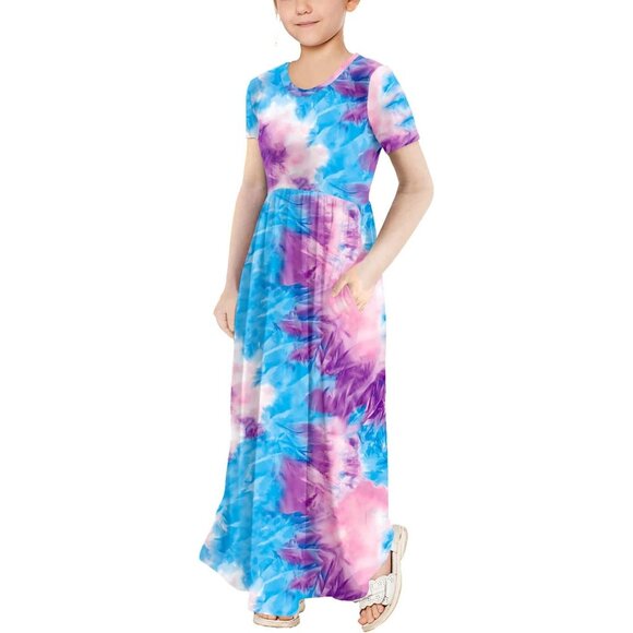 🆕Girls Tie Dye Dress Kids Short Sleeve Casual Loose Fit Maxi with Pockets - Picture 4 of 6
